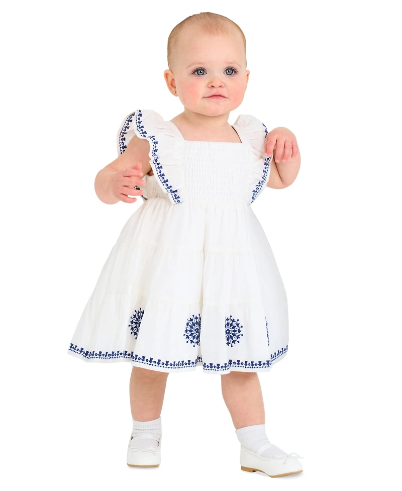 Rare Editions Baby Girls Embroidered Smocked-Bodice Dress