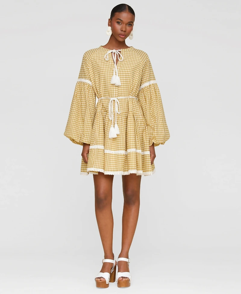 Avec Les Filles Women's Cotton Lemon-Print Split-Neck Prairie Mini Dress