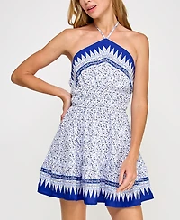 Trixxi Juniors' Ruched-Waist Printed Halter Mini Dress