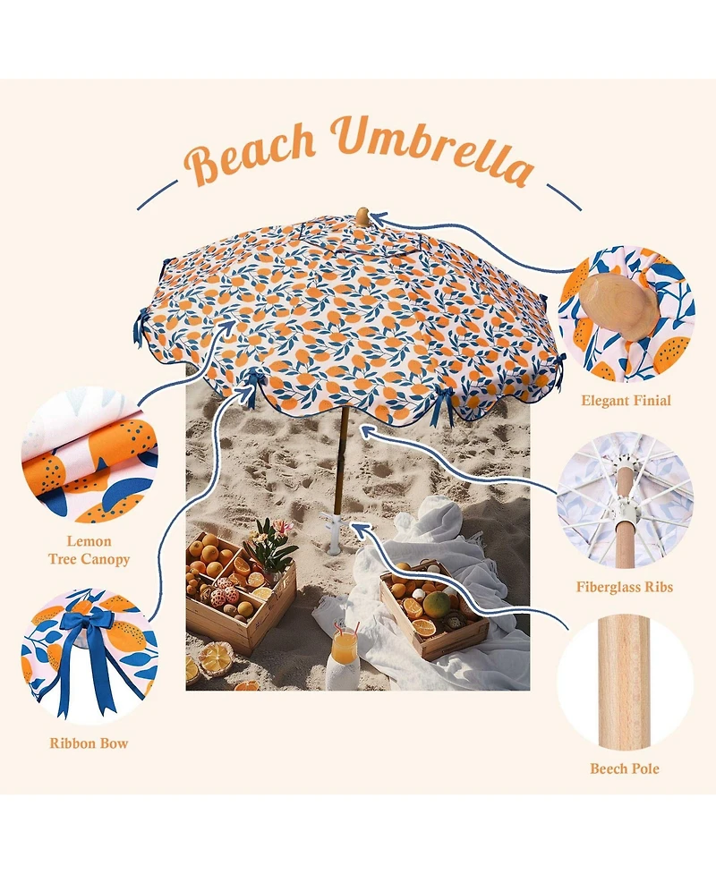 LAGarden Our Beach Portable Umbrella for Sand Beech Wood Pole Carry Bag with Printed Lemon Tree Cute Garden Parasol