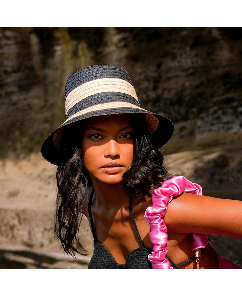 Brunna.co Nona Striped Bucket Palm Straw Hat Black and Natural