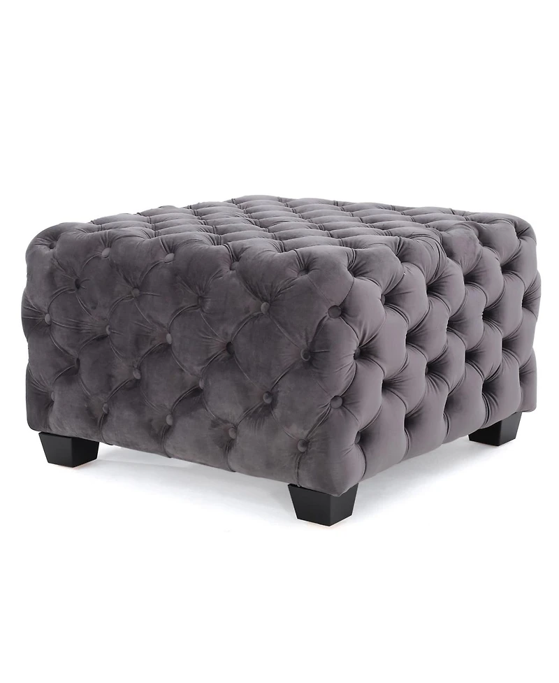 Velvet Upholstered Square Ottoman with Deep Button Tufting and Wood Legs for Living Room or Lounge Seating-The Pop Home