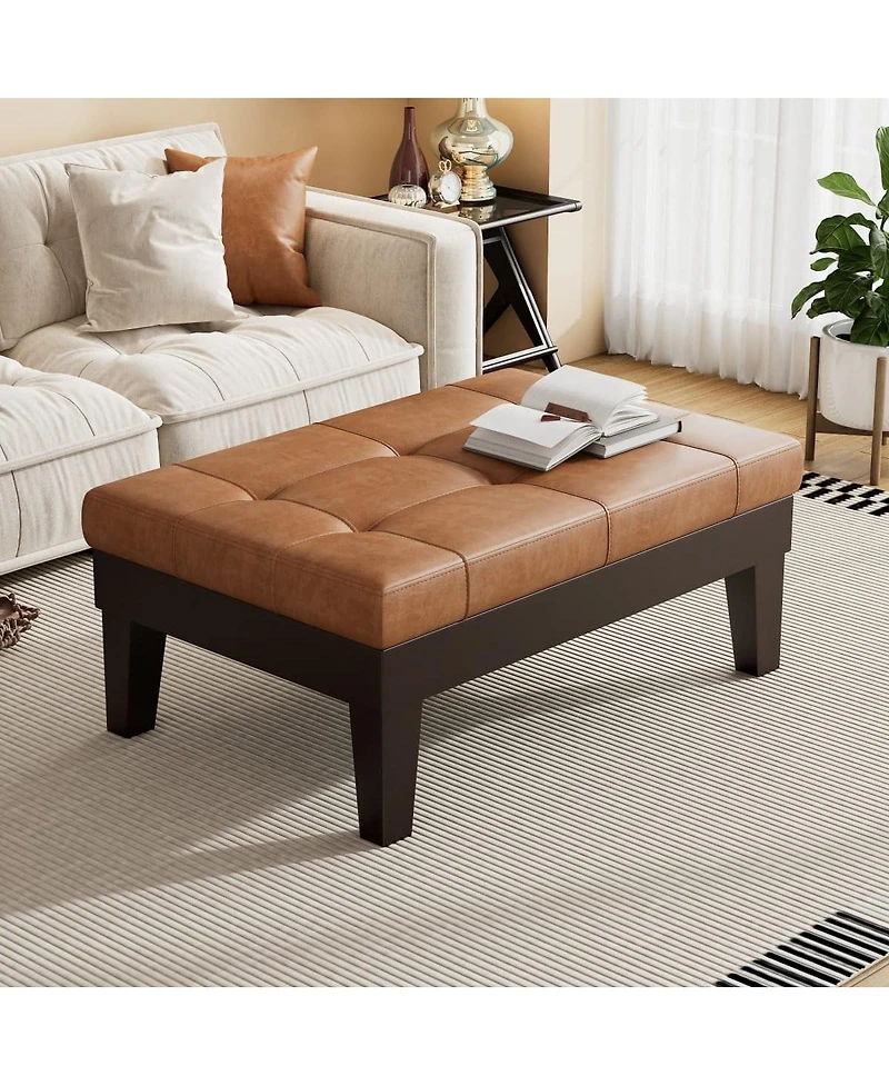 Upholstered Ottoman with Drawer and Tapered Legs Modern Rectangular Storage Bench for Living Room or Bedroom Coffee Table Alternative-The Pop Home
