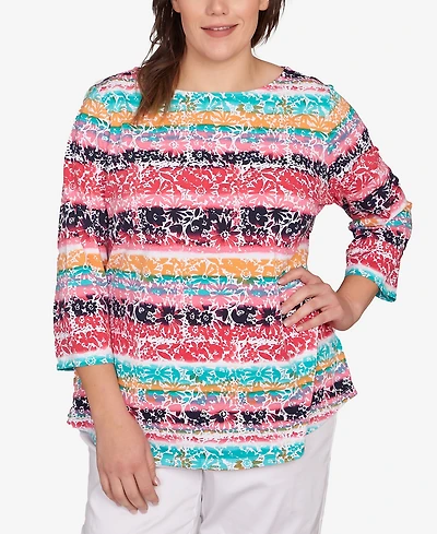 Ruby Rd. Plus Size Watercolor Floral Stripe Top