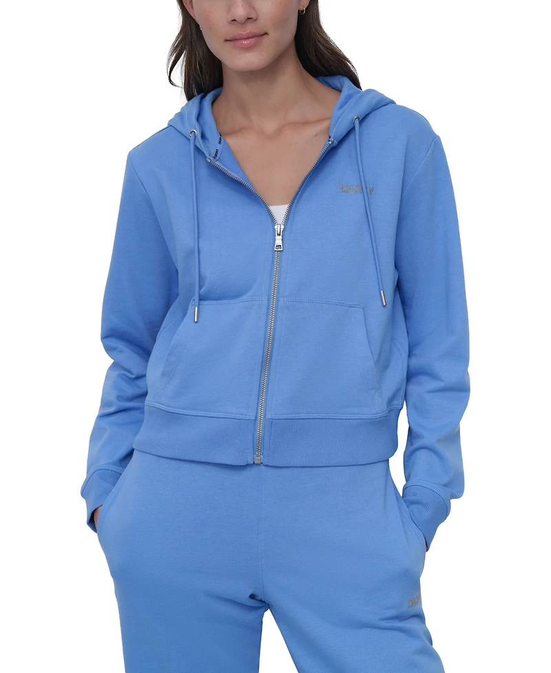 Dkny Sport Women's Cotton-Blend Stud-Logo Full Zip Hoodie
