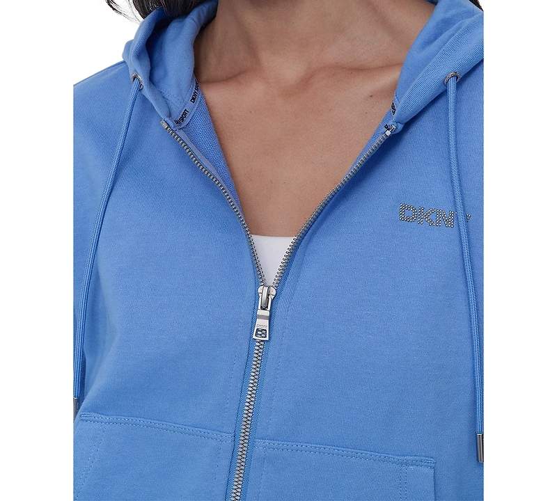 Dkny Sport Women's Cotton-Blend Stud-Logo Full Zip Hoodie