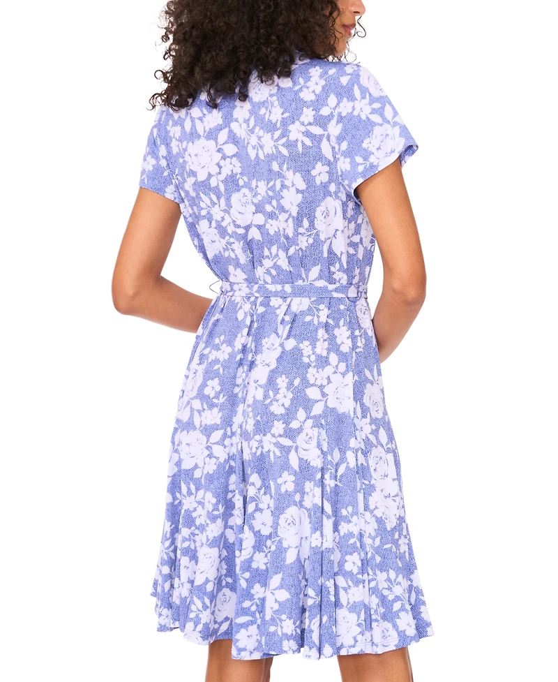 Msk Women's Floral-Print Short-Sleeve Belted Shirtdress