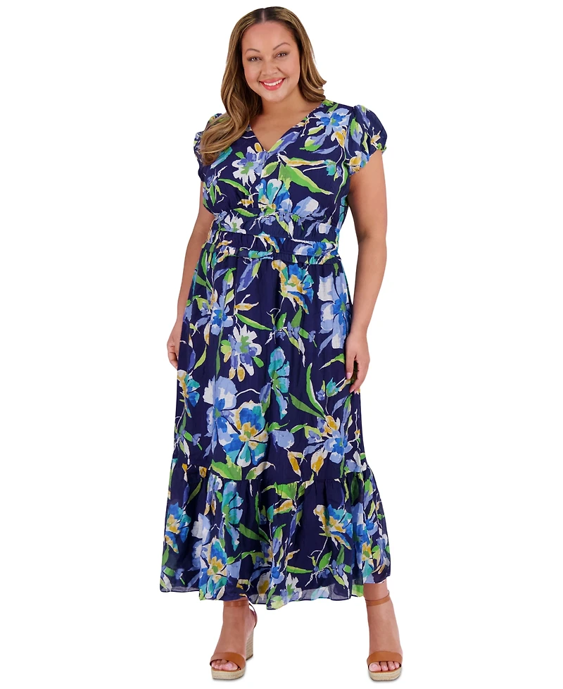 London Times Plus Size Printed Smocked-Waist Bubble-Sleeve Maxi Dress