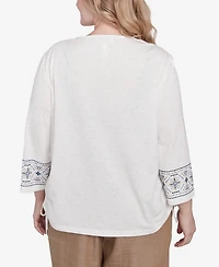 Alfred Dunner Plus Summer Solstice Linear Embroidered Tie Sleeve Top