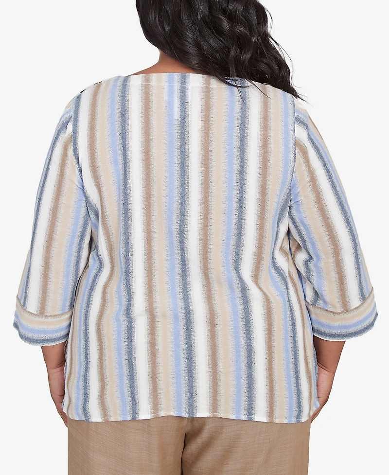 Alfred Dunner Plus Summer Solstice Spliced Stripe Button Shoulder Crew Neck Top