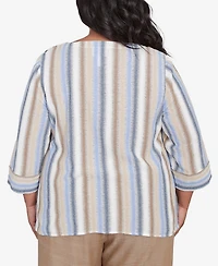 Alfred Dunner Plus Summer Solstice Spliced Stripe Button Shoulder Crew Neck Top