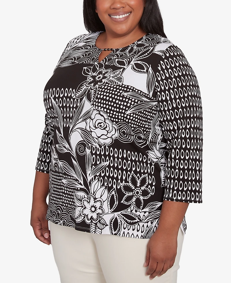 Alfred Dunner Plus Size Natural Instinct Monotone Patch Beaded Split Neck Top