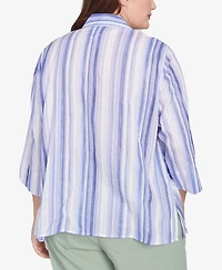 Alfred Dunner Plus Santa Fe Mitered Iris Stripe Collared Button Down Top