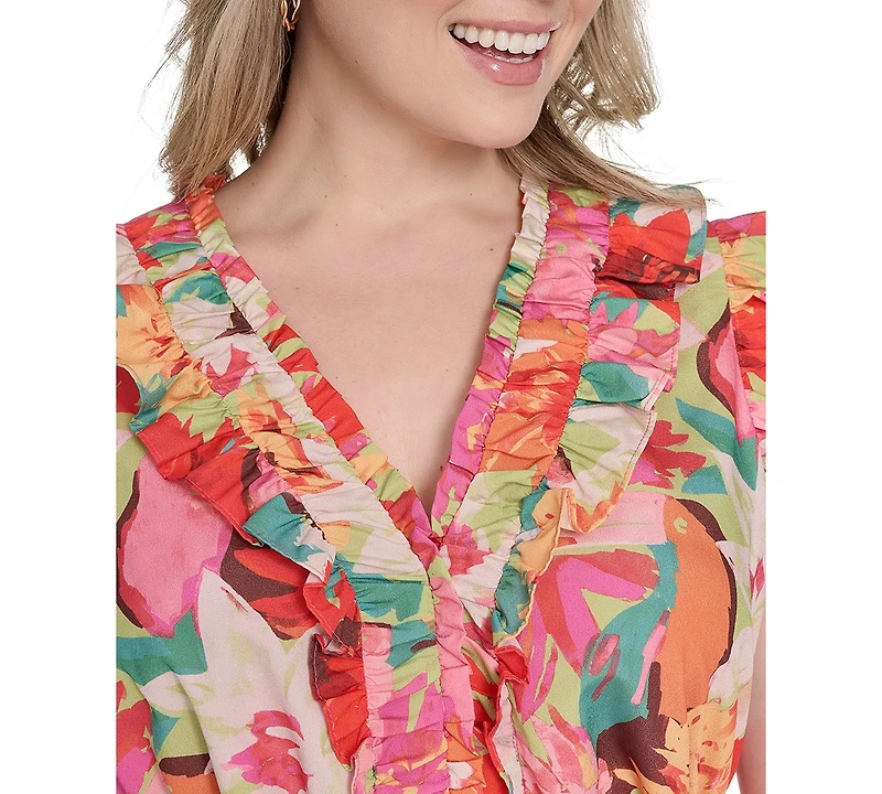 Vince Camuto Plus Printed Ruffle Flutter-Sleeve Tiered Midi Dress