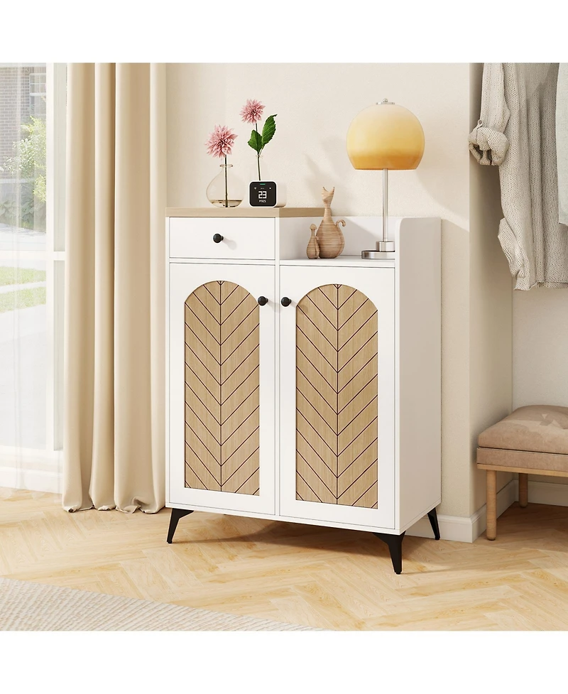 2-Door Shoe Rack Organizer with Drawer and 6 Removable Shelves-White
