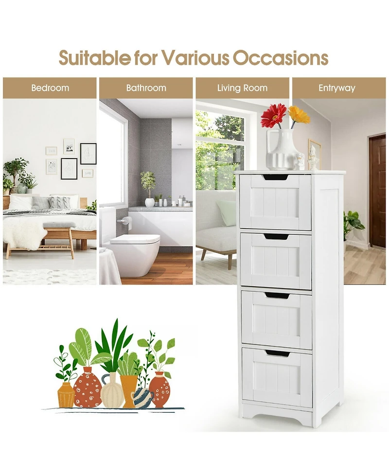 Gymax Bathroom Floor Cabinet Free-Standing Side Storage Organizer w/ 4 Drawers