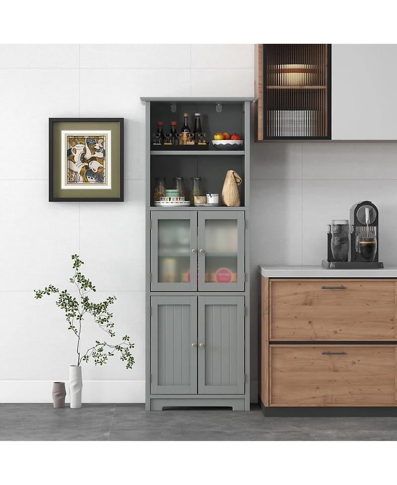 Gymax Bathroom Tall Storage Cabinet Linen Tower w/ Glass Door & Adjustable Shelf Grey