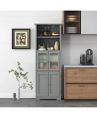 Gymax Bathroom Tall Storage Cabinet Linen Tower w/ Glass Door & Adjustable Shelf Grey