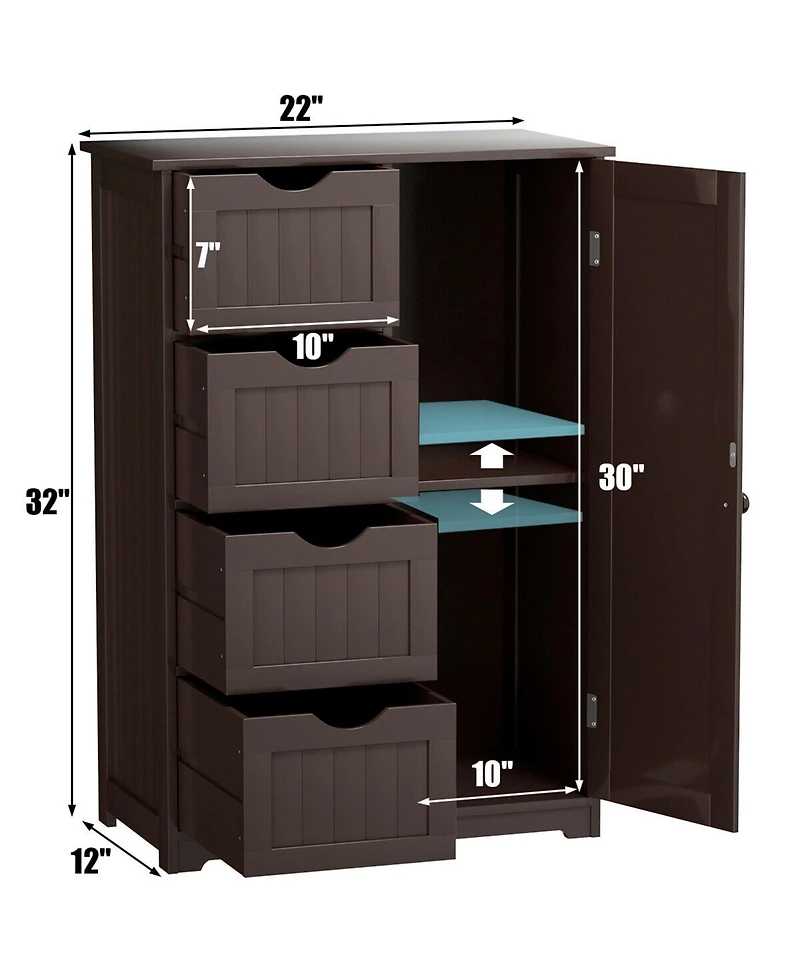 Gymax Bathroom Floor Cabinet Storage Organizer Cupboard w/ 4 Drawers Adjustable Shelf