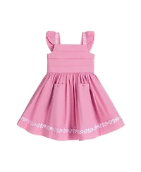 Hope & Henry Toddler Girls Pleated Flutter Sleeve Apron Dress with Embroidery