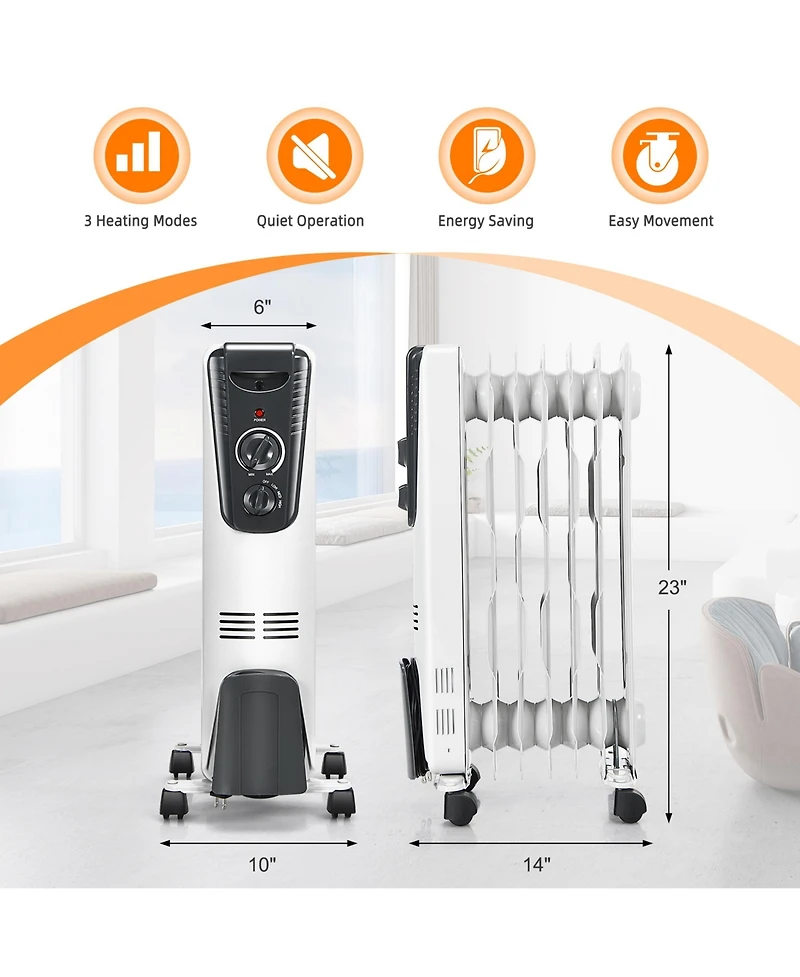 Gymax 1500W Oil Filled Radiator Heater Portable Space Heater w/ 3 Heat Settings
