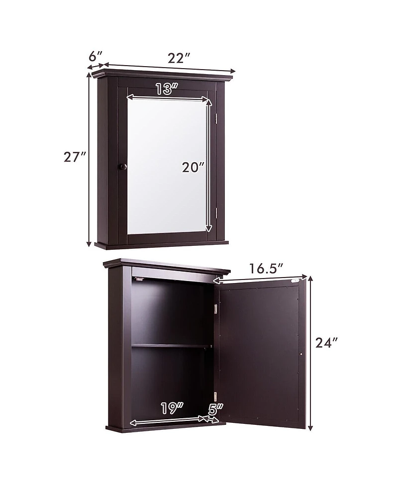 Gymax Bathroom Mirror Cabinet Wall Mounted Medicine Storage Adjustable Shelf Brown