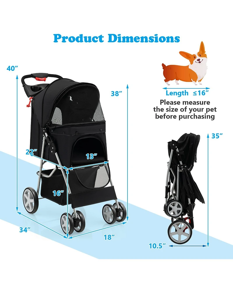Pet Stroller Folding with Storage Basket and Adjustable Canopy – Easy to Maneuver Dog
