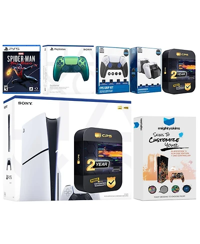 Sony Playstation 5 Slim Disc with Spider-Man: Miles Morales, Extra Volcanic Red Controller, Fps Grip Kit, Charge Dock and MightySkins Decal Voucher +