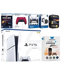 Sony Playstation 5 Slim Disc with Spider-Man: Miles Morales, Extra Volcanic Red Controller, Fps Grip Kit, Charge Dock and MightySkins Decal Voucher +