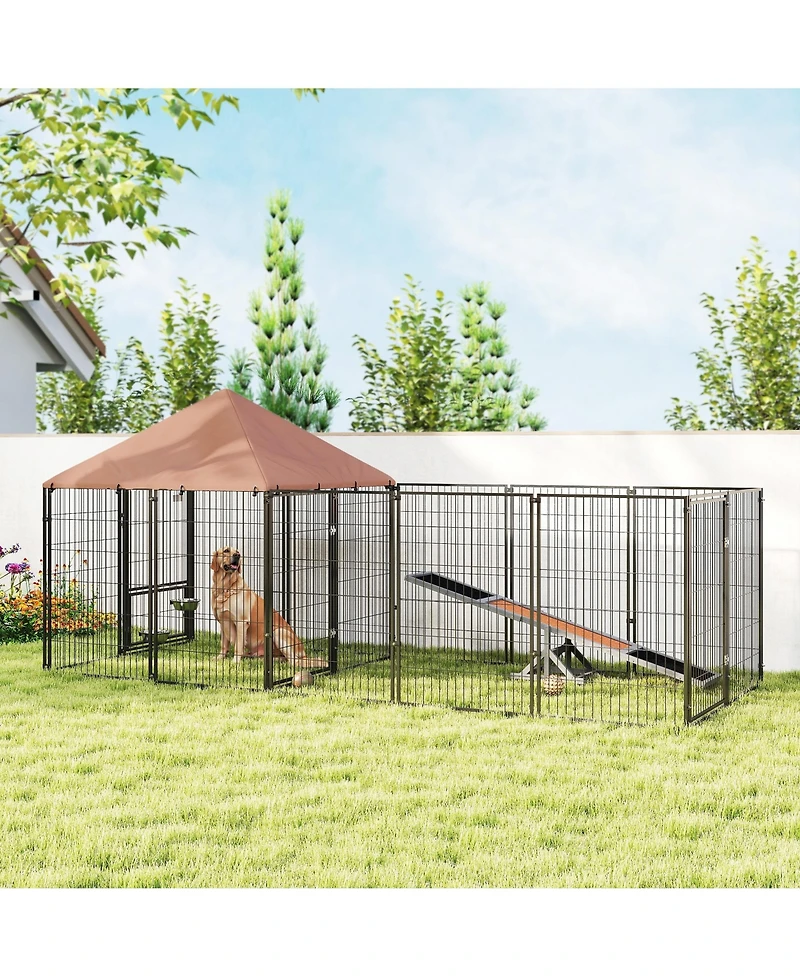 PawHut Dog Kennel Outside with Rotating & Adjustable Height Bowls