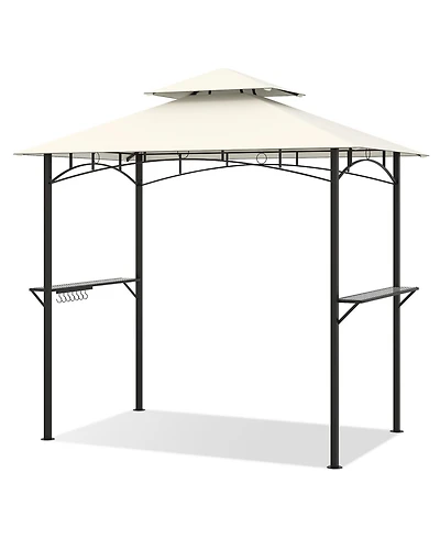 Outdoor Double-Tiered Grill Gazebo Canopy with 2 Shelves and 7 Hooks