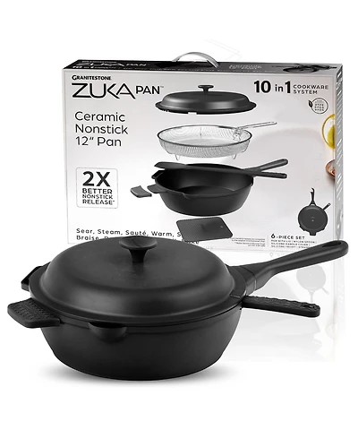 Zuka Everyday Pan 4.25 Qt. Ceramic 10 1 Nonstick Multi-Functional Saute with Lid, Nylon Spoon, & Steamer Basket