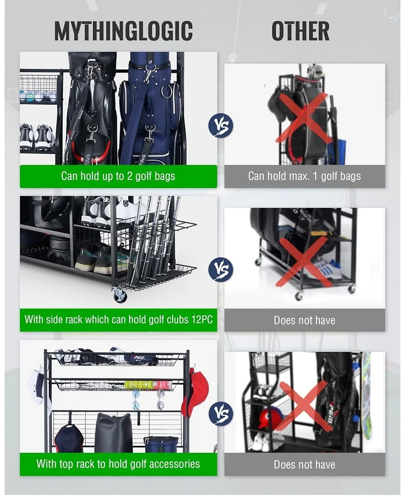 Mythinglogic 160 lbs. Weight Capacity 2 Golf Bags Sport Storage Stand Golfing Equipment Accessories Storage Rack Organizer