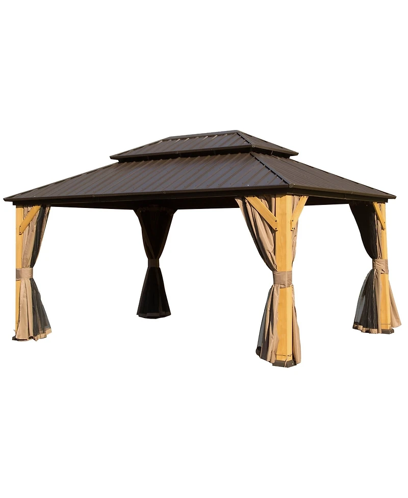 10x14FT Cedar Wood Gazebo, Solid Wood Hardtop Gazebo with Galvanized Steel Double Roof, Netting & Curtains, Outdoor Gazebo