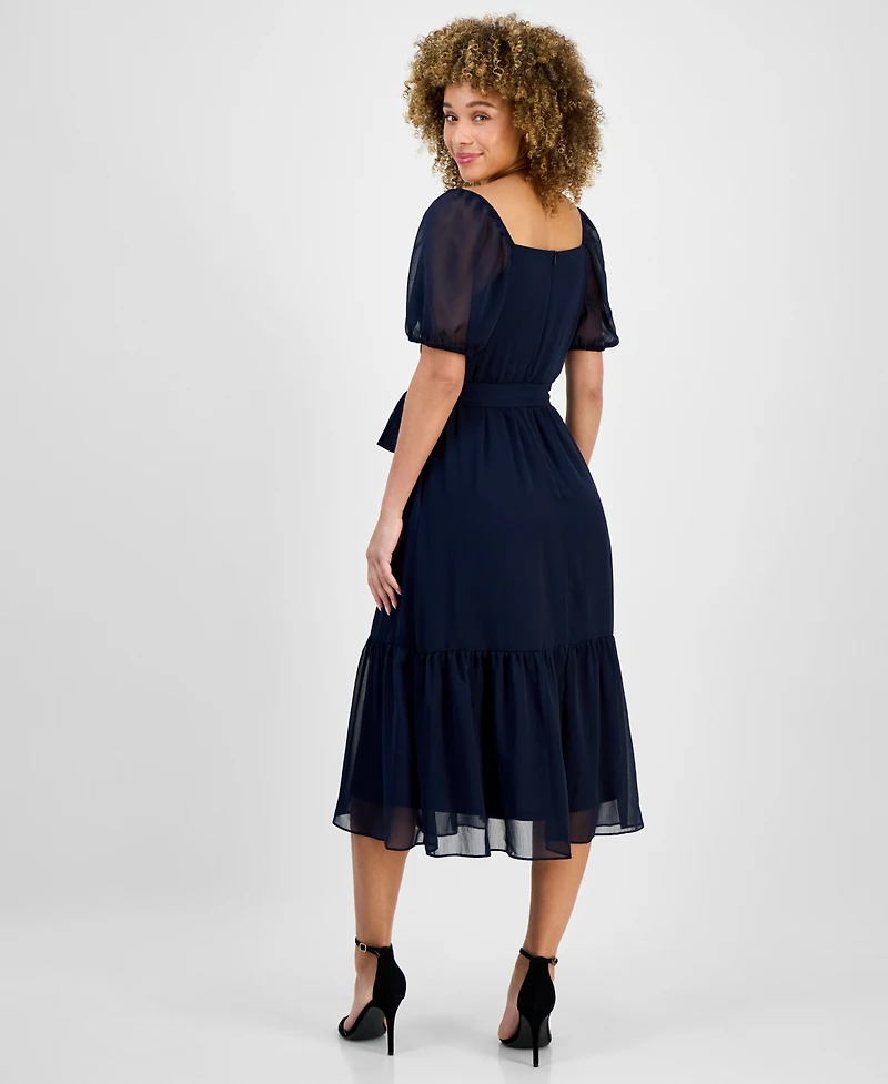 julia jordan Women's Puff-Sleeve Belted Midi Dress