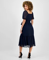 julia jordan Women's Puff-Sleeve Belted Midi Dress
