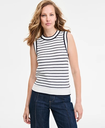 Tommy Hilfiger Women's Striped Basket-Weave Sleeveless Shell Sweater