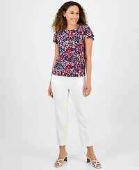 Jones New York Petite Floral-Print Keyhole-Neckline Top