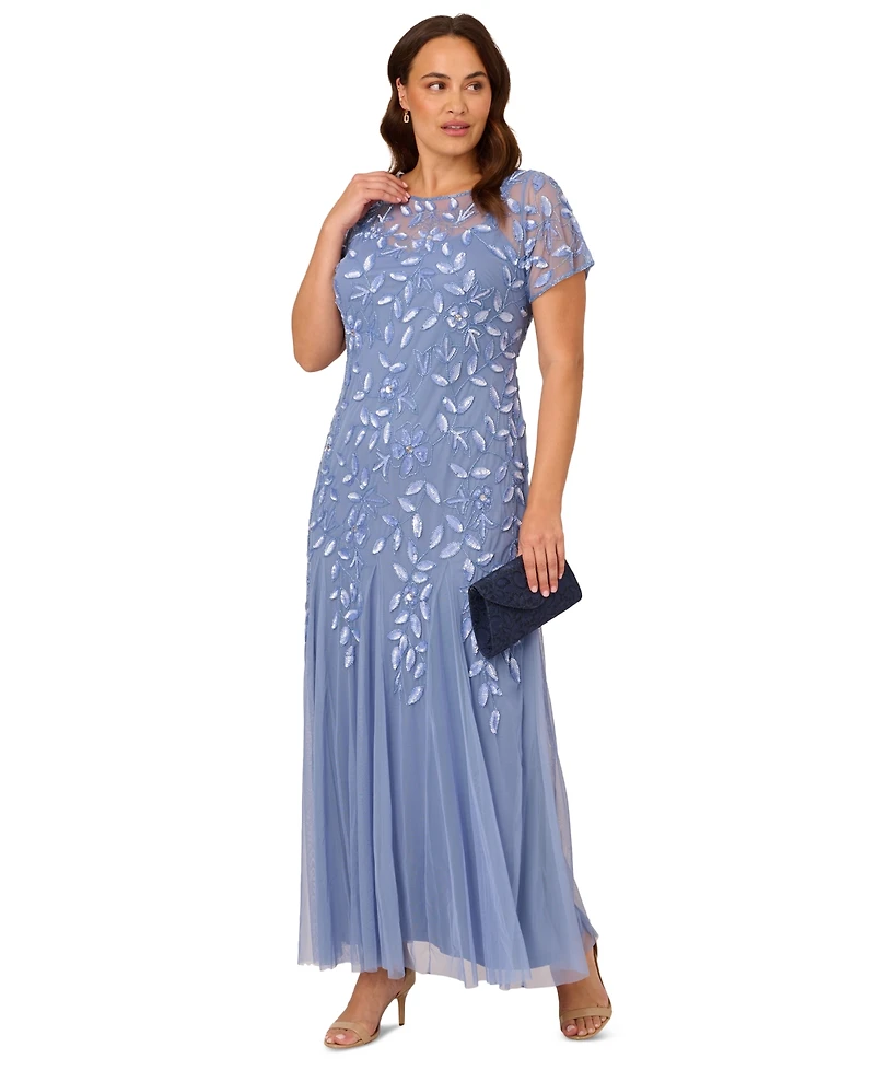 Adrianna Papell Women's Plus Floral-Design Embellished Gown