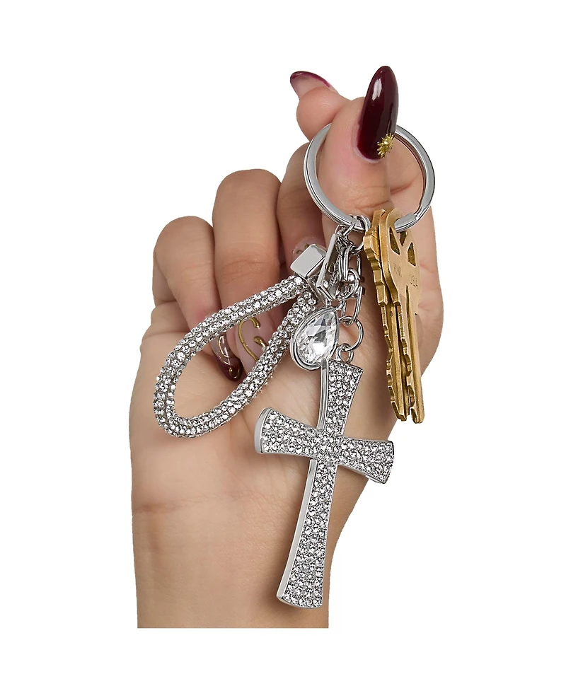 Jessica Simpson Rhinestone Cross Keychain – Elegant Silver-Tone Charm