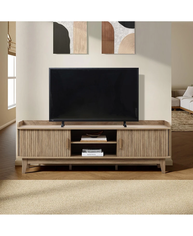 LuxenHome Mid-Century Modern Tambour-Style 2-Door 63-Inch Wide Tv Stand with Tray Top, Oak