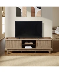 LuxenHome Mid-Century Modern Tambour-Style 2-Door 63-Inch Wide Tv Stand with Tray Top, Oak