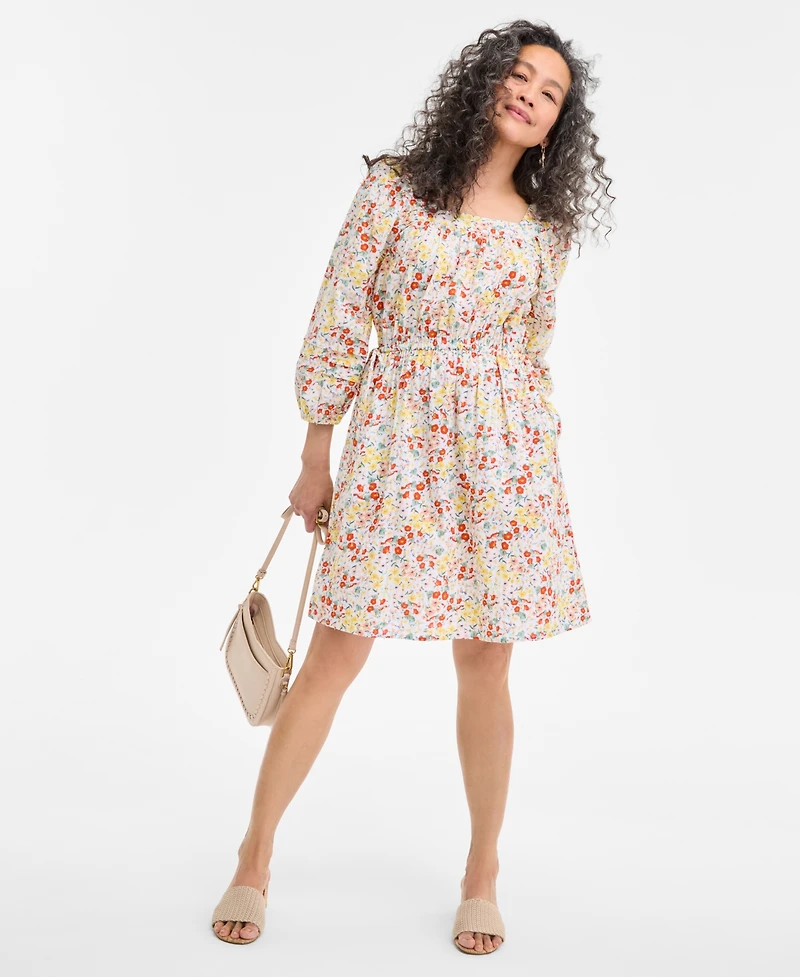 Style & Co Petite Printed Square-Neck 3/4-Sleeve Tie-Waist Dress, Exclusively at Macy's