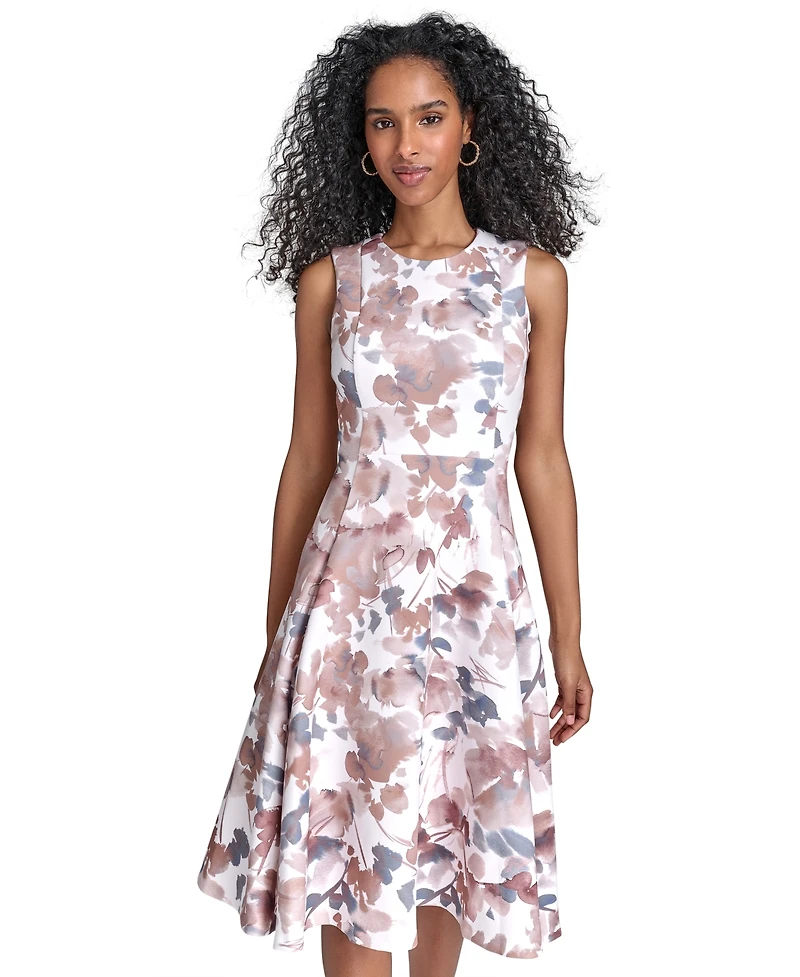 Calvin Klein Women's Floral-print Scuba Fit & Flare Midi Dress