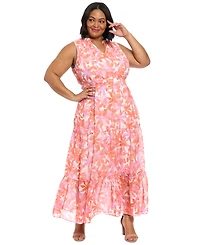 London Times Plus Size Floral V-Neck Tiered Maxi Dress