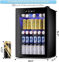 Cowsar 4.4 Cu.ft Beverage Refrigerator Cooler, 145 Can Mini Fridge Glass Door with Adjustable Shelves, Digital Temperature Display, Freestanding Small