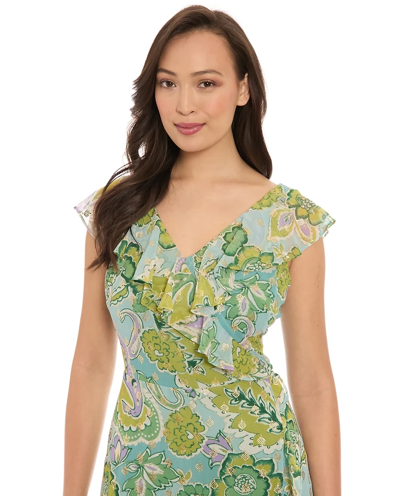 London Times Petite Faux-Wrap Ruffle-Trim Midi Dress