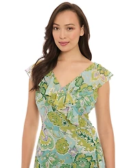 London Times Petite Faux-Wrap Ruffle-Trim Midi Dress