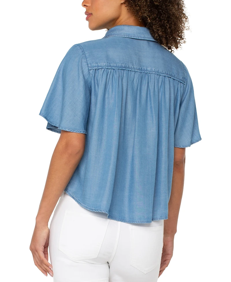 Liverpool Los Angeles Women's Shirred-Shoulder Relaxed Chambray Shirt