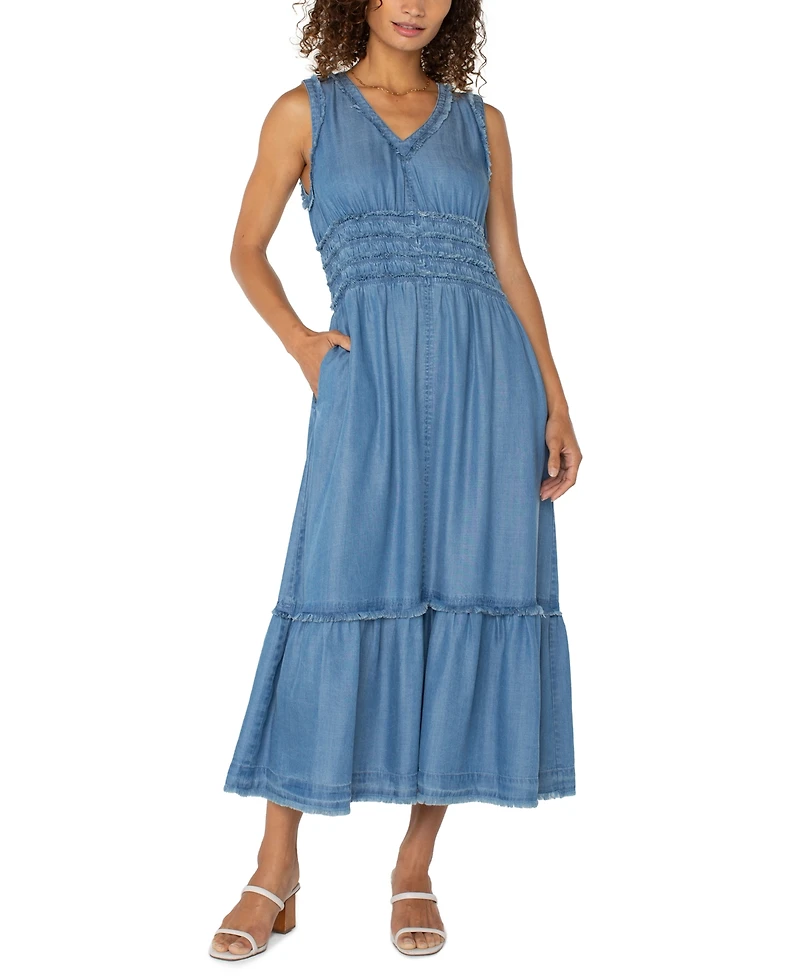 Liverpool Los Angeles Women's Chambray Frayed-Trim Maxi Dress